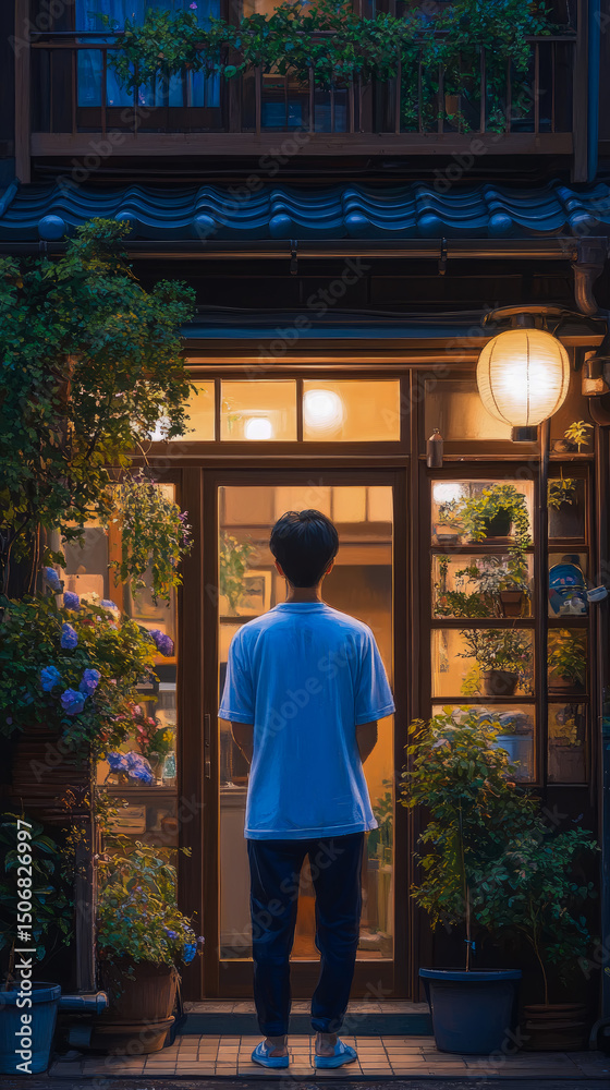 Obraz premium Contemplative Moment: Person Gazing into an illuminated Japanese home, surrounded by Lush Plants and Traditional Lantern Light