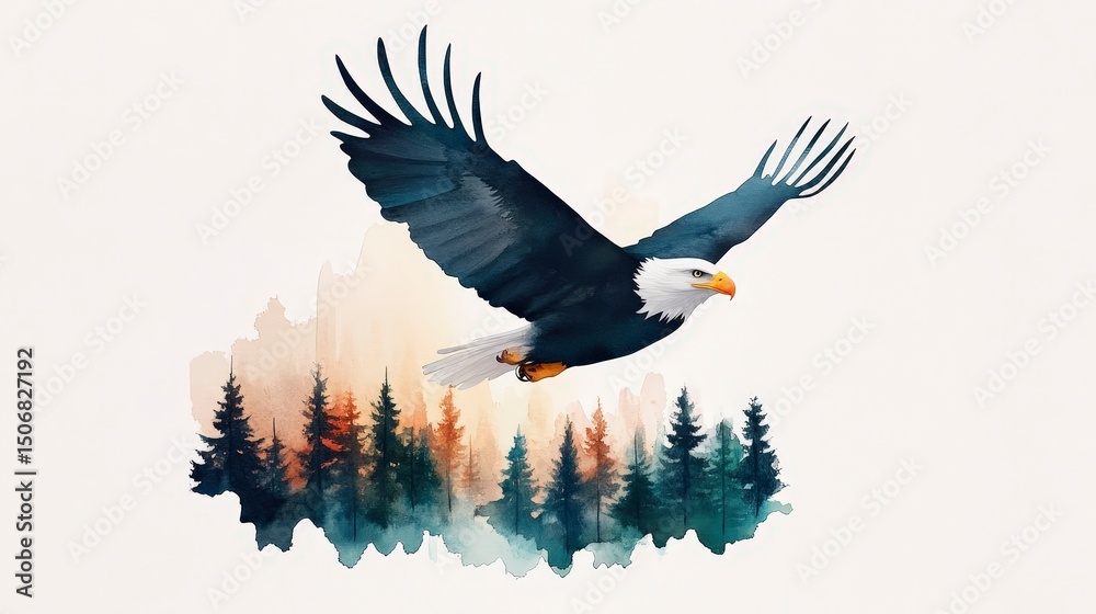 Fototapeta premium Realistic Watercolor of a Bald Eagle in Flight Above a Serene Forest Landscape