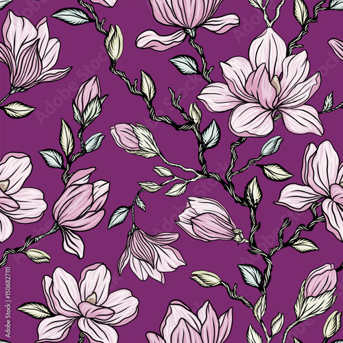Seamless vector pattern with blooming magnolia isolated on choppy background. Vintage painting style illustration.