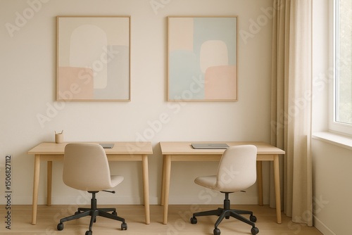 Minimalist home office with neutral tones and modern art on the walls