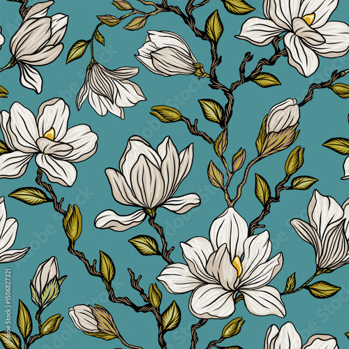 Seamless vector pattern with blooming magnolia isolated on choppy background. Vintage painting style illustration.