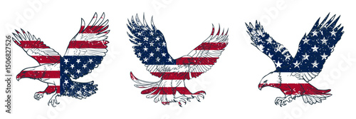 Patriotic American Bald Eagle Vector Set with USA Flag Overlay