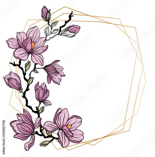 Magnolia flower wedding invitation template, with highly detailed, vector, realistic spring flowers.
