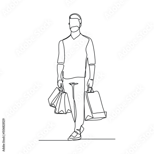 Continuous singe one line drawing art of happiness man holding paper shopping bags. Vector illustration of shopper big sale consumerism sketch editable stroke