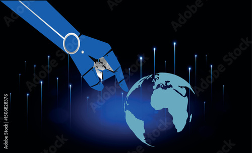 Robot hand touch the finger with world globe