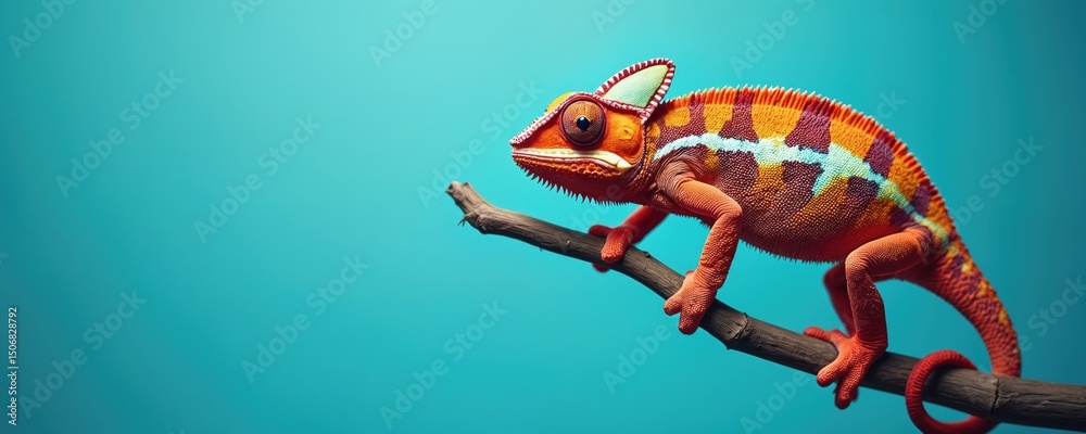 Fototapeta premium Vibrant chameleon perched tree branch. Lizard morphs colors mid-change, showing camouflage. Focus on texture detail, showcasing color adaptation. Tropical nature landscape, exotic species.