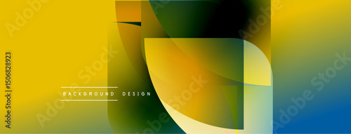 Abstract vibrant design features overlapping colorful shapes. Yellow, green, orange, blue hues create dynamic composition. Modern aesthetic.