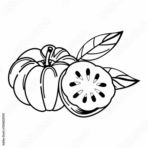Vector illustration of fresh apple with a leaf, ripe pumpkin, and autumn fruit for healthy fall food
