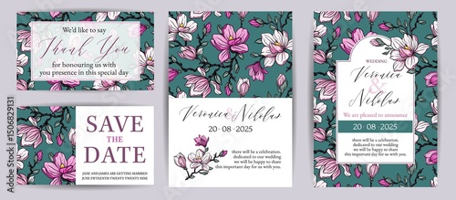 Save the Date and RSVP collection. Botanical wedding invitation template, white magnolia flowers and leaves. Template with highly detailed, vector, realistic spring flowers.