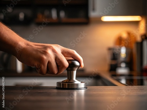 A hand presses a coffee tamper on a countertop in a cozy, warmly lit kitchen setting. photo
