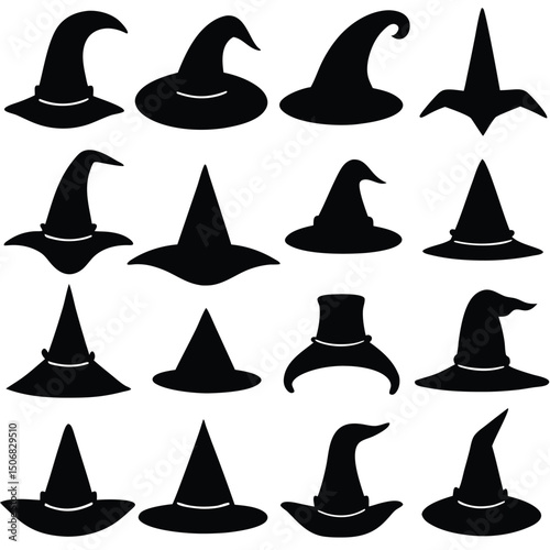 Assortment of Black Witch Hat Silhouettes for Halloween Illustration