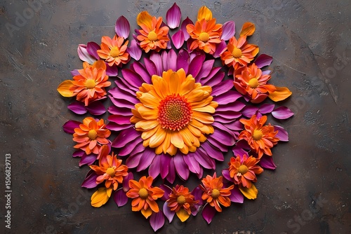 Vibrant autumn floral mandala art with orange and purple flowers dark background soft natural light artistic flower