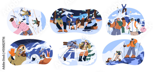 Set of mountain climbing in winter. Hikers are camping while mountaineering, go to the top. Climbers are hiking, trekking in snow nature. Flat isolated vector illustrations on white background