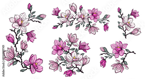Magnolia flower wedding invitation template, with highly detailed, vector, realistic spring flowers.