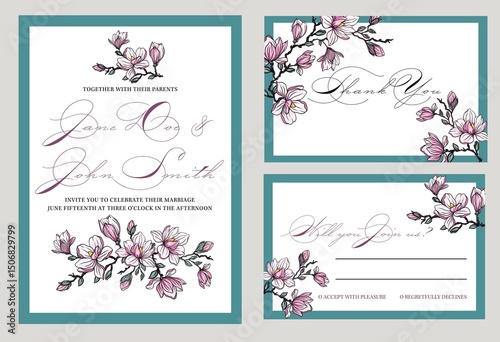 Botanical wedding invitation template, white magnolia flowers and leaves. Template with highly detailed, vector, realistic spring flowers. Save the Date and RSVP collection.