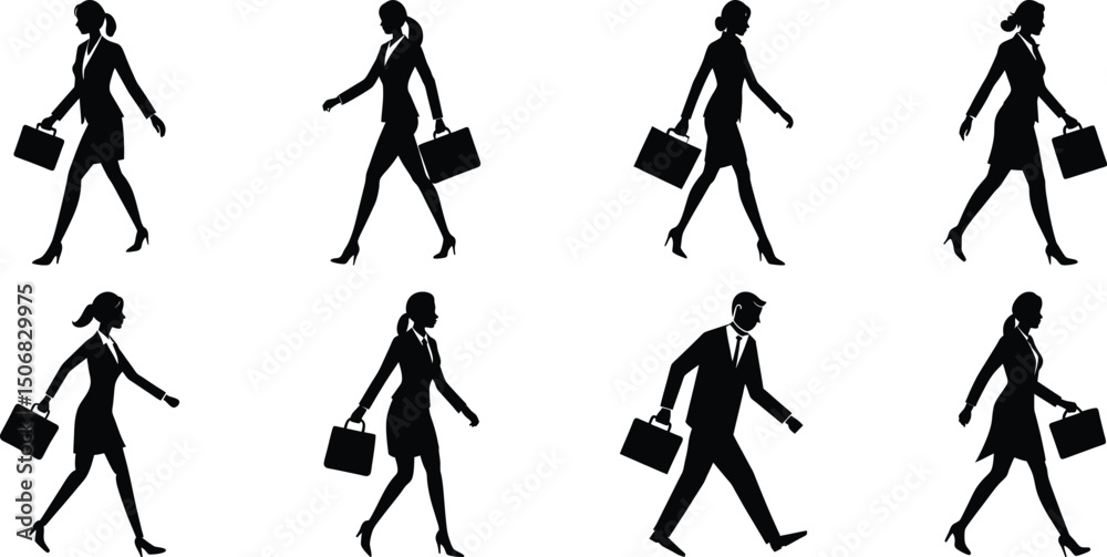 Fototapeta premium Businessperson walking silhouette set. Bundle of business figure vector on transparent background