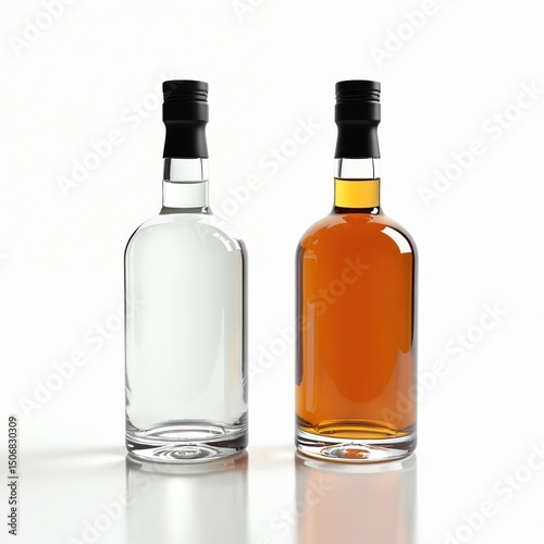 Wallpaper Mural Two bottles of liquor alcohol stand on a bright surface. One filled with clear liquid other with amber spirit. Black caps atop transparent glass bottles. Beverage product. Mockup. Torontodigital.ca