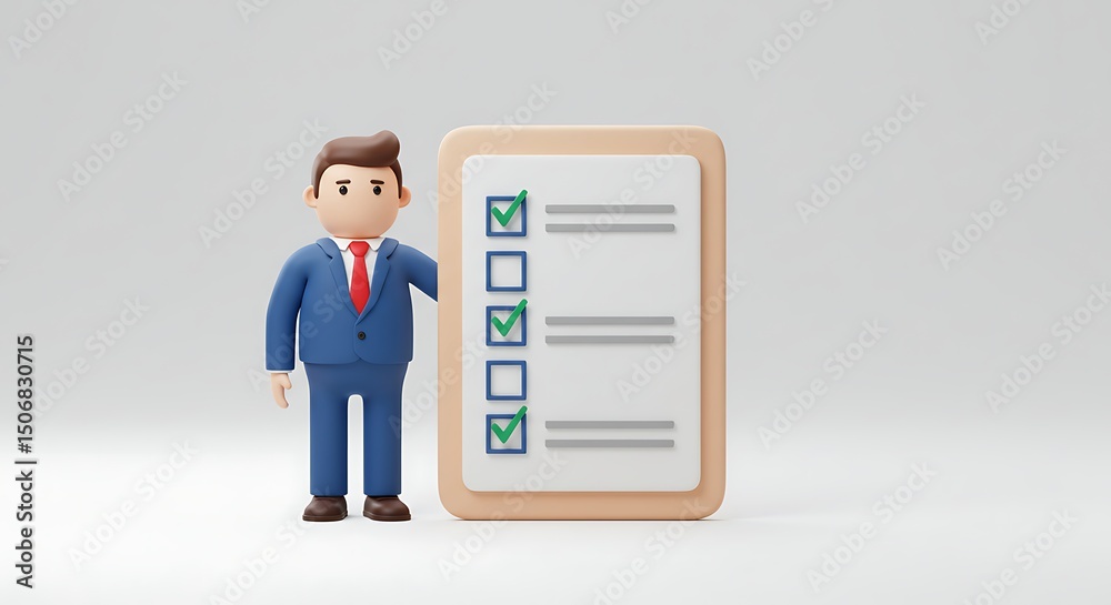 Fototapeta premium Cartoon Businessman with Checklist on Clipboard Against a White