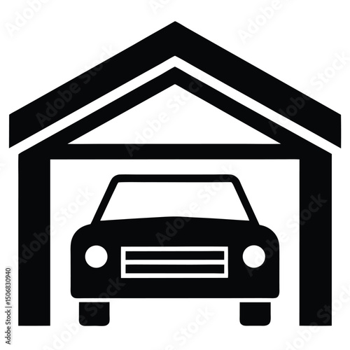 Black Car Icon Inside Open Garage Shelter Silhouette Illustration