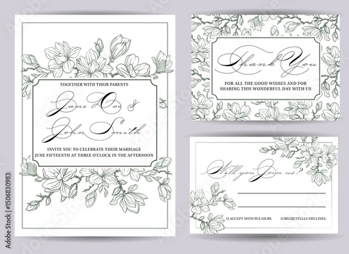 Botanical wedding invitation template, white magnolia flowers and leaves. Template with highly detailed, vector, realistic spring flowers. Save the Date and RSVP collection.