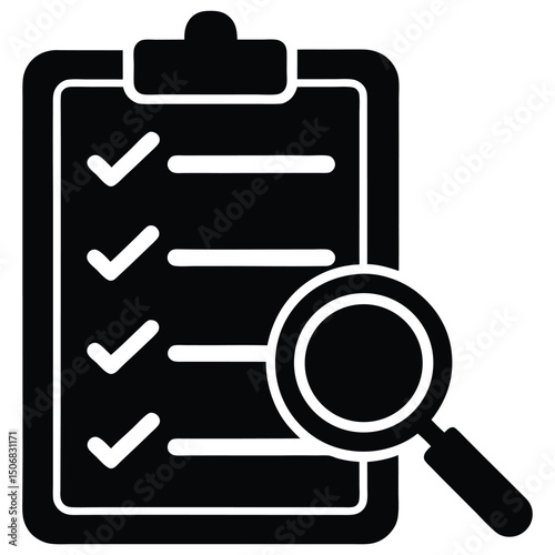 Black Clipboard with Checklist and Magnifying Glass for Data Review and Analysis