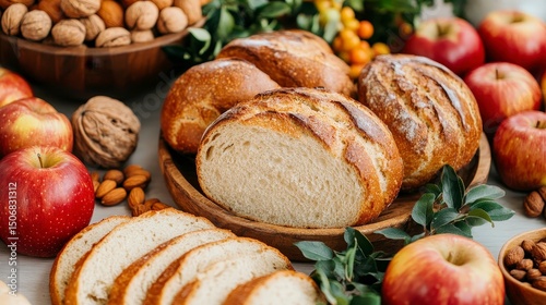 Festive Samhain Feast Display Featuring Fresh Apples, Bread Loaves, Nuts, and Seasonal Foliage for Celebration