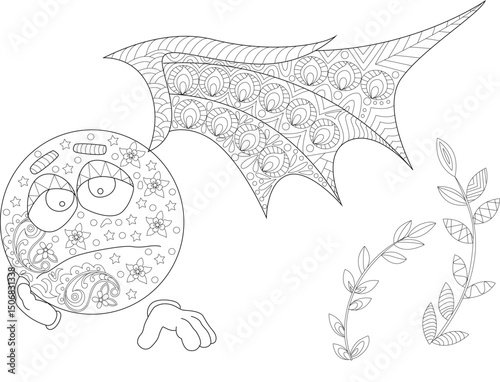 Abstract Character with Patterned Wings - Line Art, Detailed black and white line art illustration of a stylized round character featuring large eyes and intricate patterns, paired with decorative 