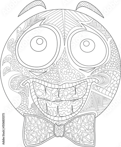 Intricate Patterned Face Coloring Page, Black and white vector illustration of a cartoon-like face with a wide, joyful grin and a bowtie, filled with detailed and complex abstract patterns, suitable 
