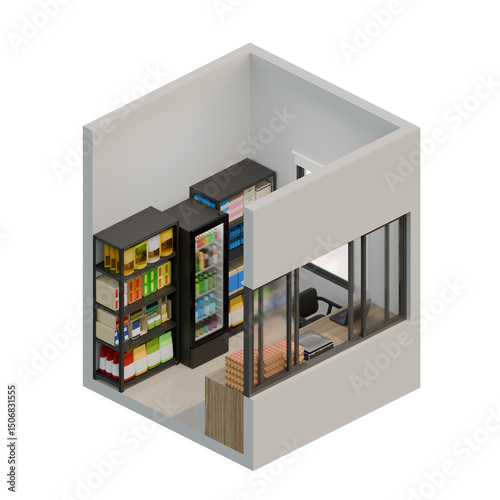 Small Shop Front Left View Isometric 3D Render Illustration
