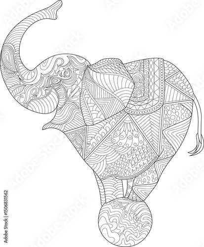 Intricate Elephant Balancing on Ball Line Art, Detailed hand-drawn line art illustration of an elephant balancing on a circus ball, adorned with complex geometric and organic patterns. Ideal for 