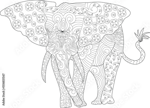 Intricate Zentangle Elephant Line Art for Coloring, Detailed black and white line art illustration of an elephant filled with ornate, Zentangle-inspired patterns. Perfect for adult coloring books, 