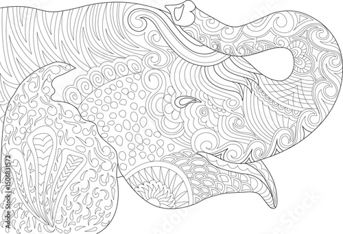 Intricate Elephant Line Art Illustration, Detailed black and white line art illustration of an elephant head and trunk with intricate, decorative patterns in a zentangle or mandala style. Ideal for 