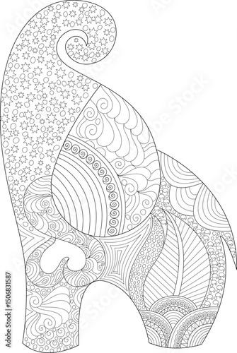 Ornate Elephant Line Art for Coloring, Detailed line art illustration of an elephant filled with intricate zentangle and mandala style patterns, perfect for adult or children's coloring books, 
