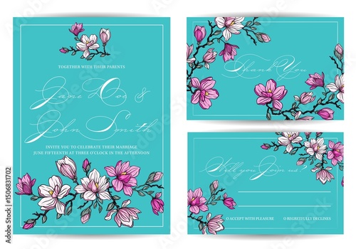 Botanical wedding invitation card, vintage Save the Date, elegant Victorian Magnolia, vector fashion cover, graphic poster, brochure
