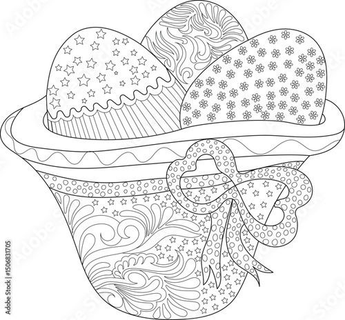 Intricate Easter Eggs in Basket Outline for Coloring, Black and white line art illustration of three Easter eggs with decorative patterns placed in an ornate basket with a bow. Designed as a 
