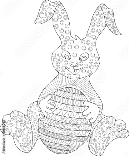 Easter Bunny Holding Decorated Egg Coloring Page, A charming black and white line illustration of a happy Easter bunny sitting and holding a large, intricately patterned Easter egg. This detailed 