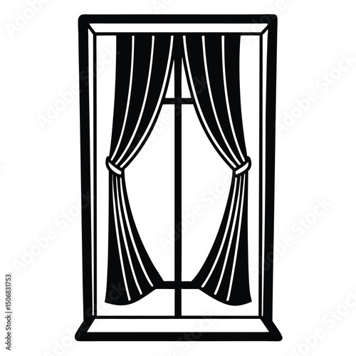 Black Framed Window with Draped Curtains Design Element Illustration