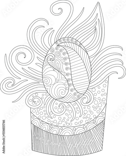 Abstract Decorative Easter Egg Line Art, Black and white line art illustration featuring a decorative Easter egg placed in a stylized cup or holder. The image is filled with abstract patterns, 