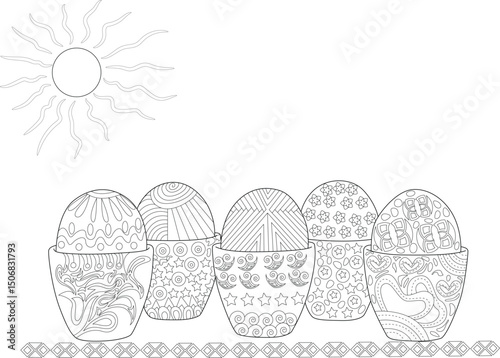 Decorative Easter Eggs and Sun Coloring Page, Black and white line drawing of five ornate Easter eggs with varied patterns, nestled in decorative cups, beneath a whimsical sun and above a geometric 