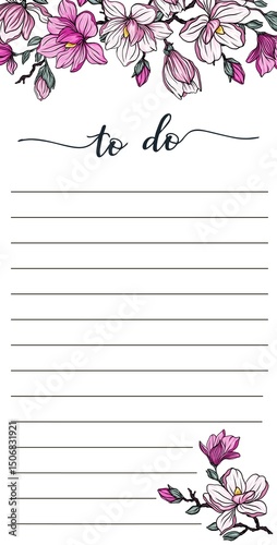 set of note papers, to-do lists, sticker templates decorated with Magnolia, trendy planner or organizer. flat vector