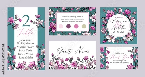 Botanical wedding invitation template, white magnolia flowers and leaves. Template with highly detailed, vector, realistic spring flowers. Save the Date and RSVP collection.