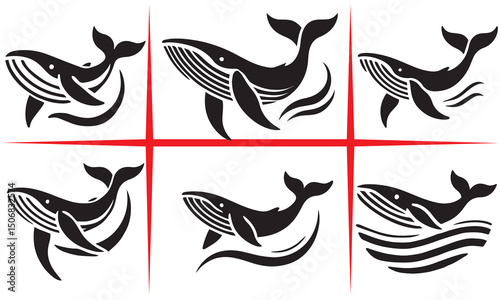 Majestic Whale Silhouette,black and white vector silhouette of a killer whale with an open mouth, mid-swim, on a clean white background