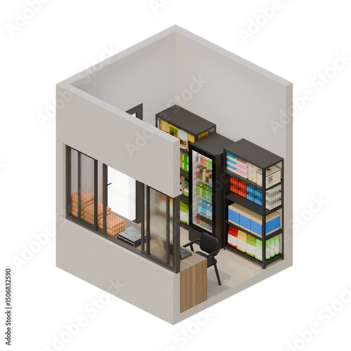 Small Shop Front Right View Isometric 3D Render Illustration