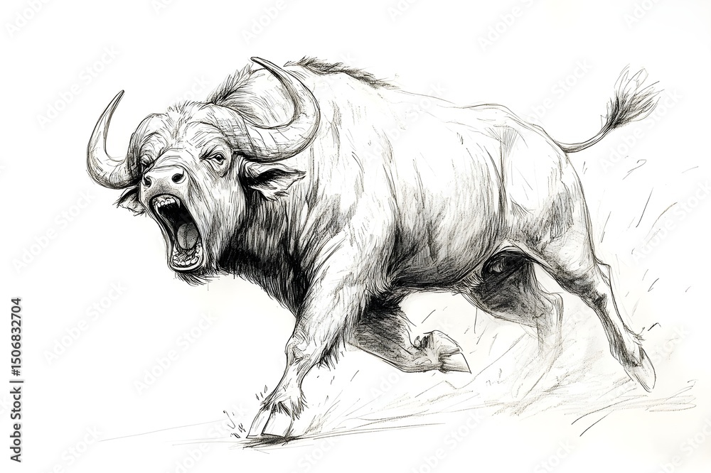Obraz premium Pencil drawing of angry, fierce and fierce buffalo, side view, white background 
