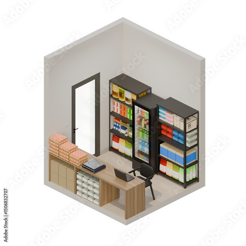 Small Shop Front Right View Isometric 3D Design Element