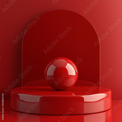 Red Sphere on Red Geometric Platform