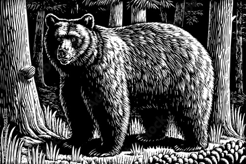 Big brown bear black and white isolated hand drawn sketch