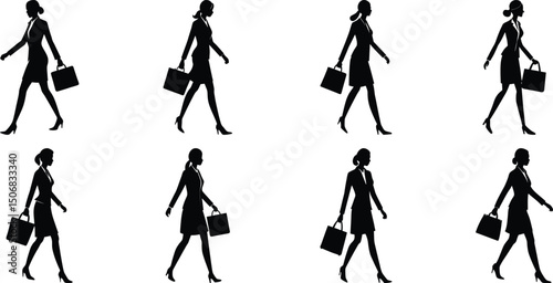 Businessperson walking silhouette set. Bundle of business figure vector on transparent background