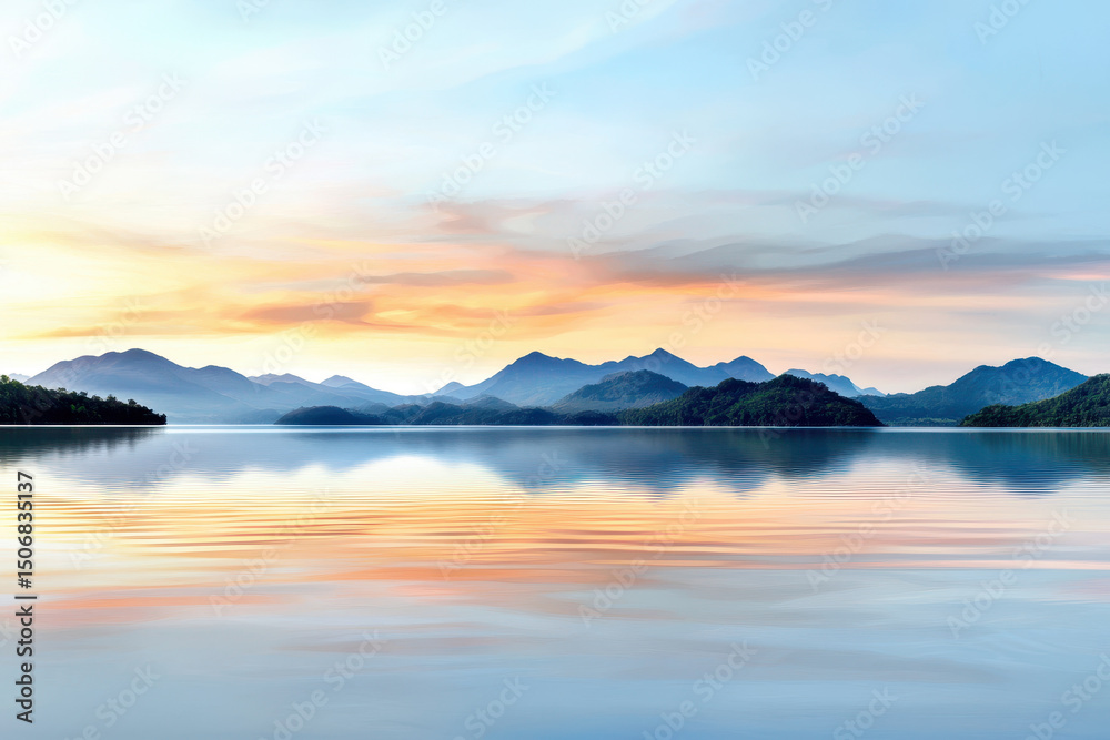Obraz premium Tranquil lake with pastel reflections and serene mountains in background creates peaceful atmosphere