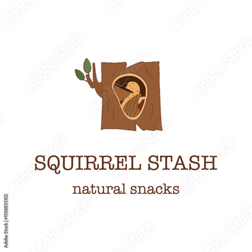 Logo with squirrel tree hollow full of nuts. Rustic logo design for a natural snack brand, showing a tree hollow filled with assorted nuts, representing organic and wild-sourced food.
